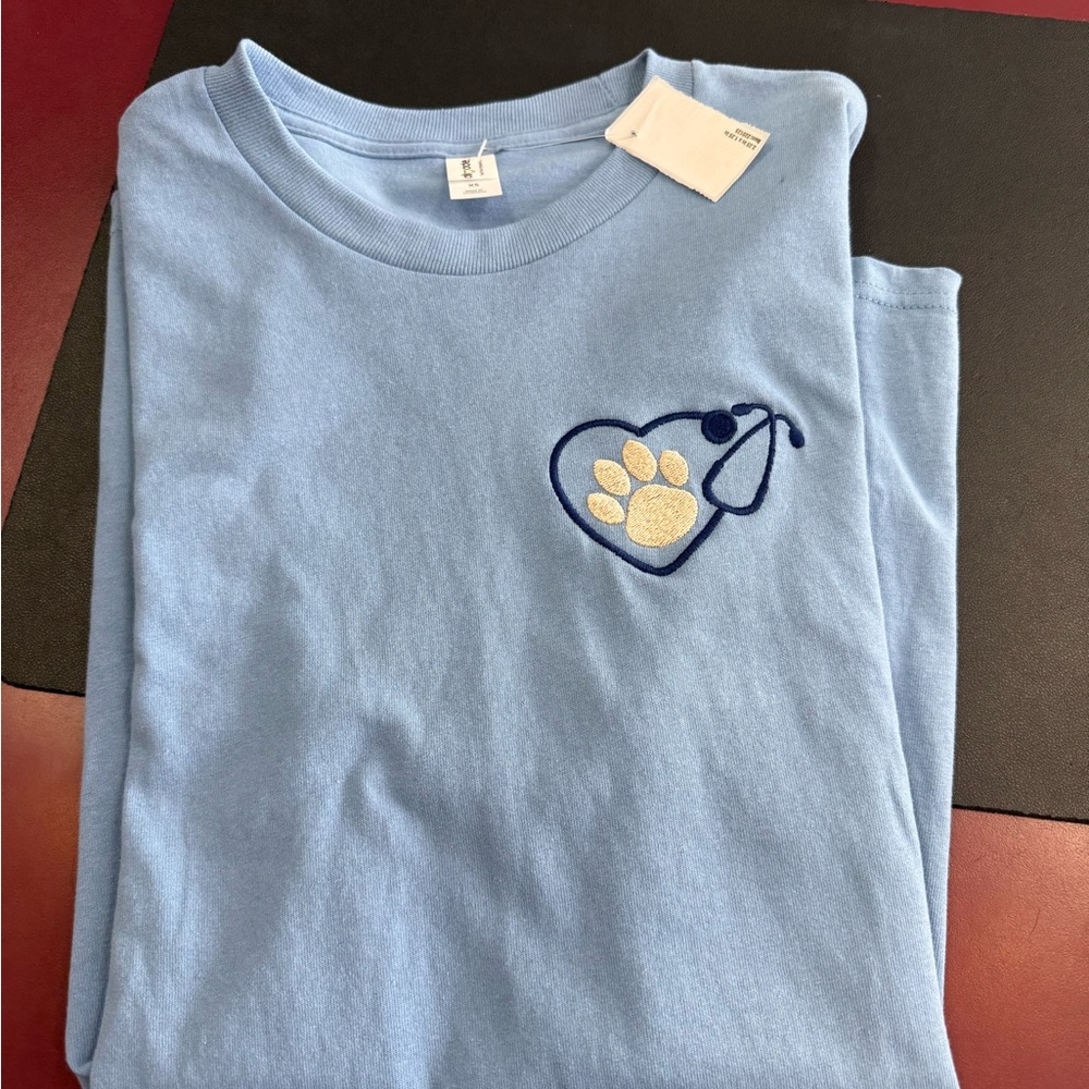 Blue T-Shirt with Heart Stethoscope and Paw Print